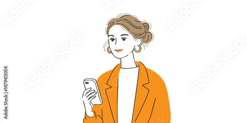 A woman with an orange jacket, holding a smartphone in her hand, stands elegantly. A portrait illustration that represents modernity.