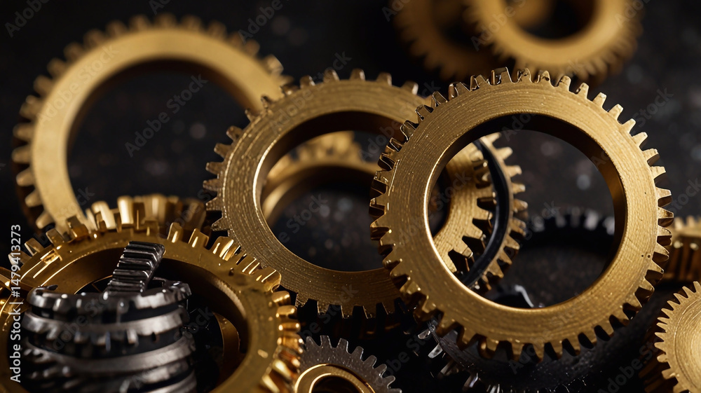 Close-Up of Interlocking Gold and Black Metal Gears Close-Up of Interlocking Gold and Black Metal Gears