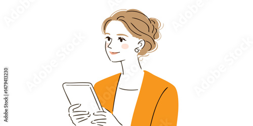 A stylish professional woman, absorbed in her digital tablet, stands poised and engaged. The image portrays digital engagement, ideal for projects and illustrating technology.