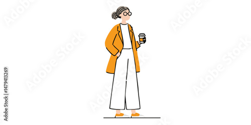 A stylish woman, standing with an iced coffee cup. captured in a flat and simple design, showcasing the woman's fashionable outfit in a modern setting.