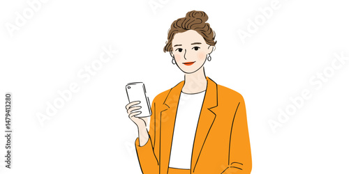 A sophisticated young professional woman is depicted, smartly attired in a tailored orange suit, elegantly holding a sleek, modern mobile phone, suggesting connection and communication.