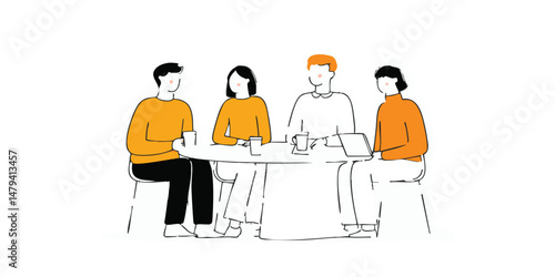An illustration depicts a collaborative meeting, four individuals are gathered around a table engaging in discussion.
