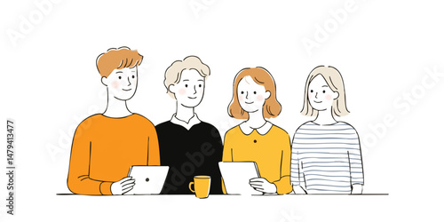 A team of four individuals collaborating on a project. Capturing the essence of teamwork and shared endeavors, perfect for illustrating business, communication, and group dynamics.