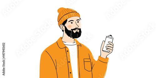 A stylish man with a beard, wearing an orange beanie and jacket, thoughtfully holds a spray can.  The illustration is clean and modern.