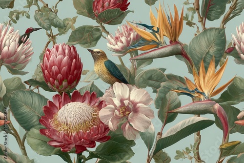 A detailed floral pattern with birds and blossoms.