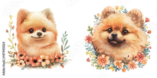 cute pomeranian with flowers wreath watercolor vector illustration