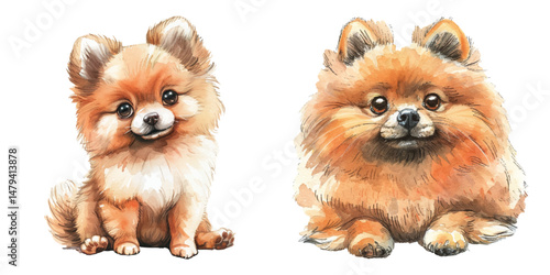 cute pomeranian watercolor vector illustration