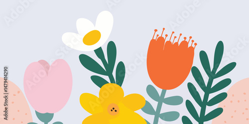 An artistic depiction of vibrant, colorful flowers blooming, bringing a sense of joy and freshness with its playful and whimsical illustration.