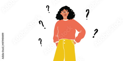A young woman stands pensively, surrounded by question marks, symbolizing uncertainty and contemplation.