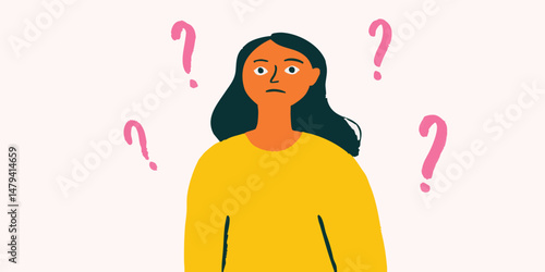 A confused woman surrounded by question marks, lost in thought, expressing a state of puzzlement and uncertainty.