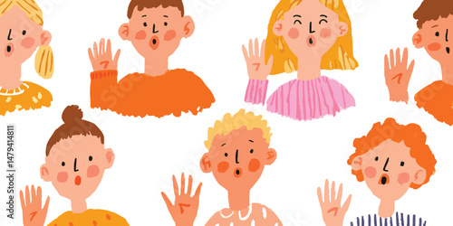 A friendly and diverse group of cartoon children waving cheerfully to the viewer with a joyful gesture, a pure display of happiness.