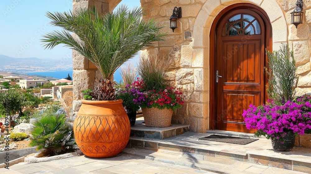 Fototapeta premium Mediterranean home's entranceway with vibrant planters.