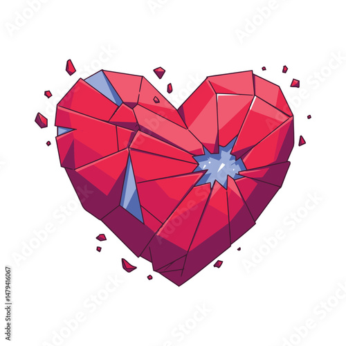 Shattered Heart: A symbolic illustration of a broken heart, fragmented into sharp, crystalline pieces, conveying heartbreak, loss, and emotional pain.