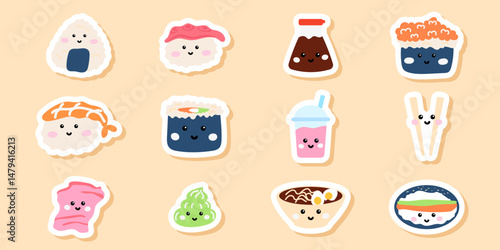 Kawaii Japanese food sticker set sushi, cute rolls, nigiri, sashimi, chopsticks and rice bowl. Perfect for decorating notebook, planner, menu, scrapbooking