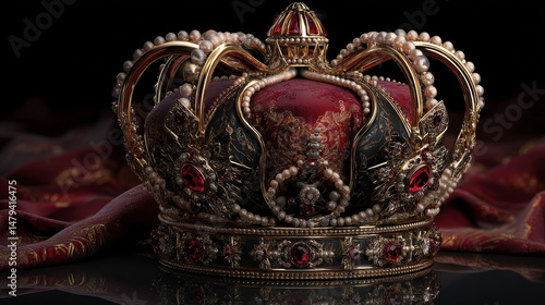 3d realistic vector icon. Royal golden king crown, royal coronation monarchy with red velvet and pearls. Isolated on white background.