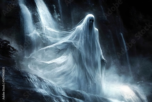 Ethereal banshee emerging from a dark waterfall cave