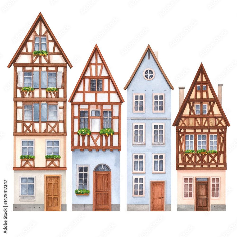 Fototapeta premium Old European houses with brick facades on a white background