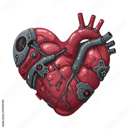 Mechanical Heart: A biomechanical heart, meticulously crafted in the shape of a heart, seamlessly blends organic and mechanical components.