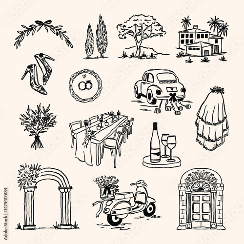 A charming collection of hand-drawn Tuscany summer wedding illustrations featuring villas, arches, floral arrangements, wedding fashion, and classic countryside scenes in black ink line style.