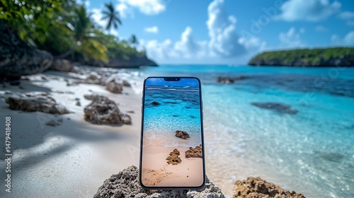 Ocean view on mobile travel design with warm sand island dream theme and beach inspiration visuals overlay cut out on isolated transparent removed background