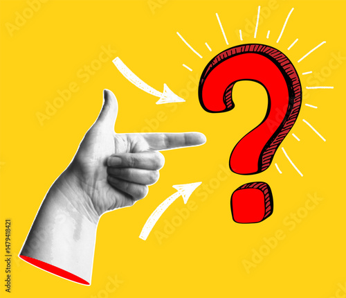 Trendy halftone banner with human hand point to question mark. Query FAQ concept, finding answer.  Modern retro style. Contemporary collage for design template. Vector illustration