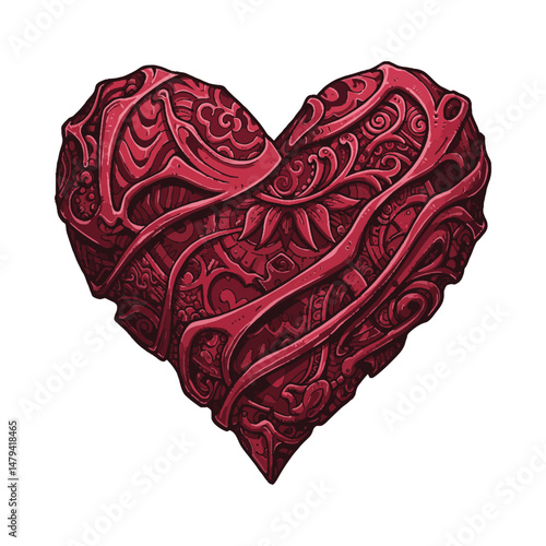 Ornate Mechanical Heart: A richly detailed illustration of a heart, rendered in a deep crimson hue, with intricate, mechanical-looking patterns adorning its surface.