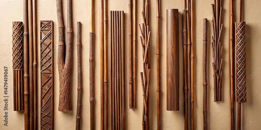 Obraz premium Collection of Various Brown Wooden Sticks and Rods Arranged in a Pattern