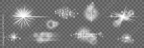 Light Effect Glow of various shapes, similar to twinkling stars, sparks, lights, flashes, light from lighting fixtures, spotlights, rays of light elements isolated on transparent background vector