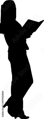 Silhouette of a woman leaning against a wall and holding a book.