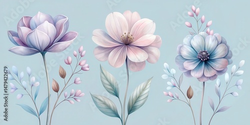 Wallpaper Mural Pastel Floral Trio Delicate Blooms and Elegant Foliage on a Soft Blue Background Torontodigital.ca