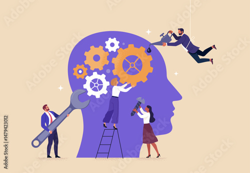 Business Improvement concept. Contemporary flat-style abstract vector illustration of diverse people adjusting a gear mechanism inside the head silhouette, isolated on a background.
