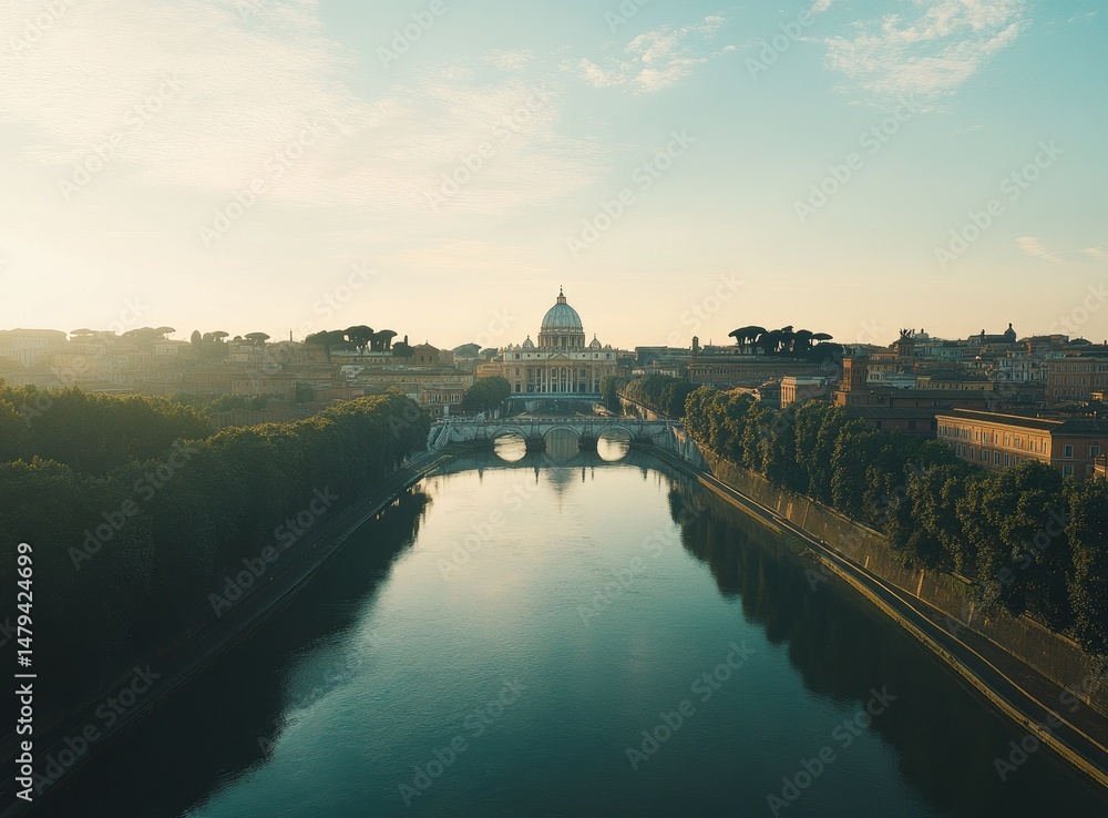 Obraz premium Sunrise view of Basilica di San Pietro with Ponte Sant'Angelo reflecting in Tiber River, Rome.