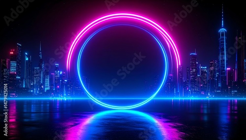 Wallpaper Mural A vibrant, futuristic city skyline illuminated by neon lights, featuring a glowing circular shape reflecting on water Torontodigital.ca