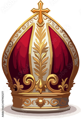 Elegant Red and Gold Papal Mitre Vector – Detailed Catholic Bishop Hat Illustration with Ornamental Cross Design