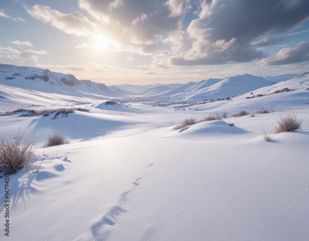 Vast, snow-covered landscape under a winter sky, arctic, field, sun Vast, snow-covered landscape under a winter sky, arctic, field, sun