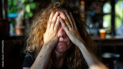 Exhausted young woman rubbing tired eyes with visible dark circles and messy hair, feeling sleepy and fatigued at home or office. Stress, insomnia and burnout concept.