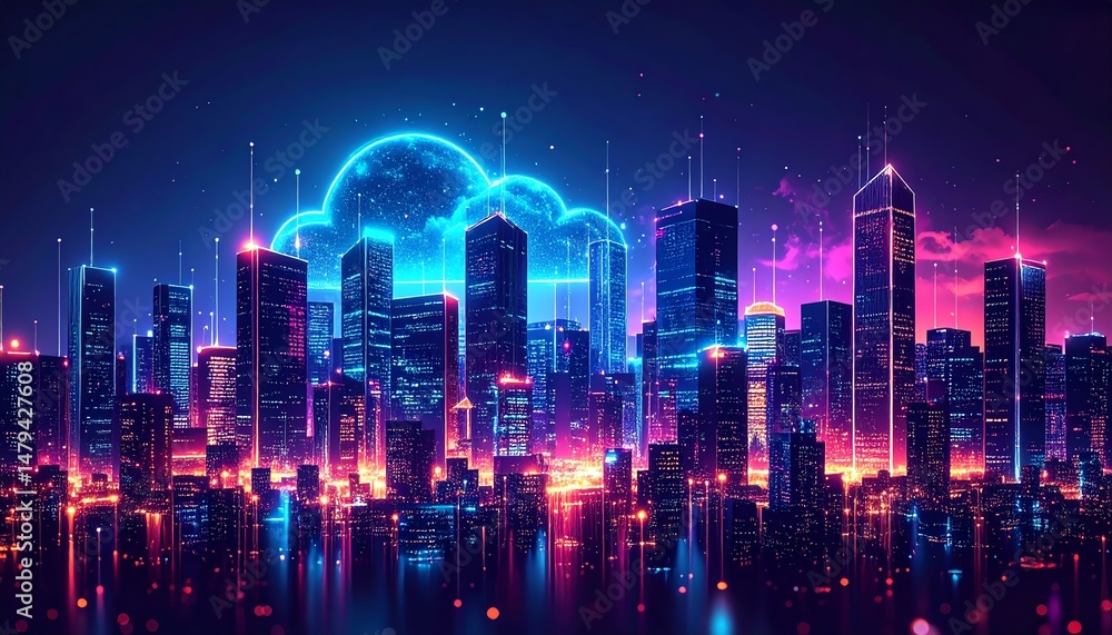 Fototapeta premium A vibrant city skyline illuminated by neon lights and clouds, showcasing a futuristic urban landscape at night