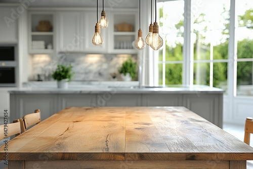 Light oak table adorned with fresh flowers, creating a serene atmosphere in a modern kitchen during the day
