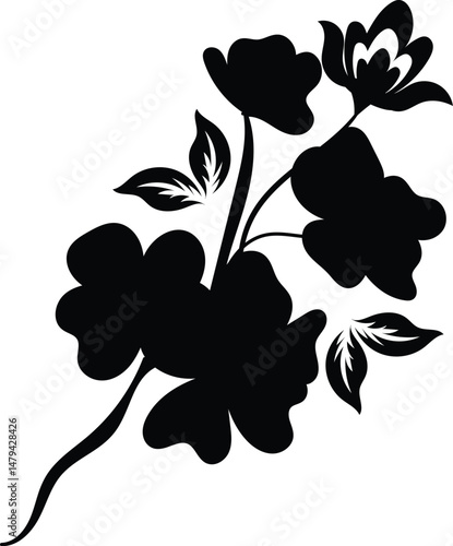 Black and white floral vector illustration showcases a nature-inspired seamless pattern with vintage flower silhouettes and leaf designs, perfect for elegant wallpaper or artful decoration