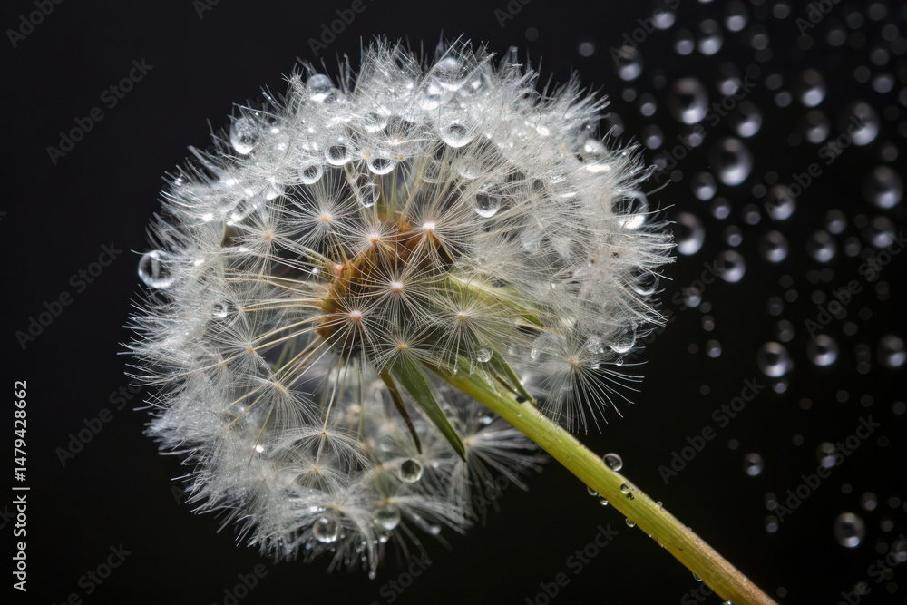Fototapeta premium Delicate dandelion seed head adorned with water droplets, creating serene atmosphere
