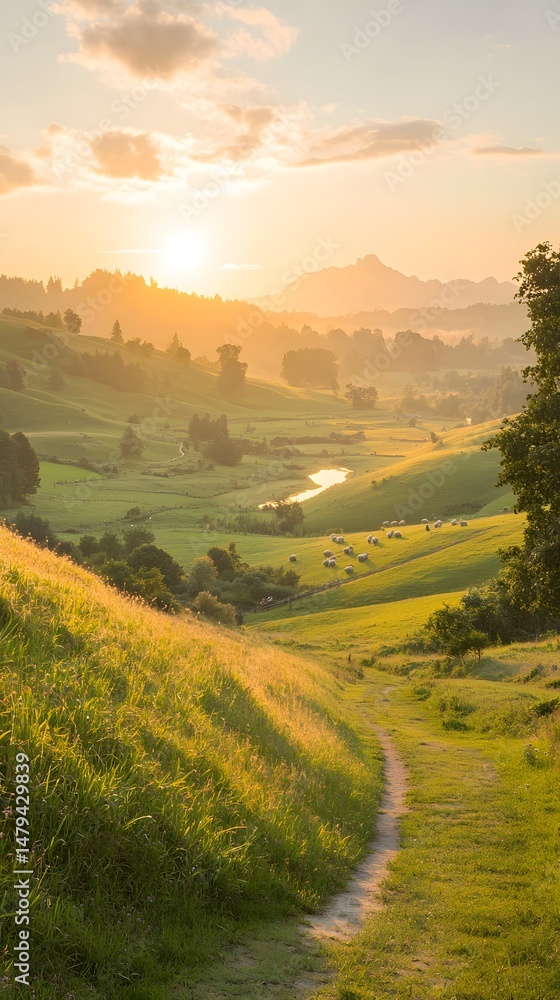 Obraz premium Serene Sunset over a Rolling Hillside with Grazing Sheep