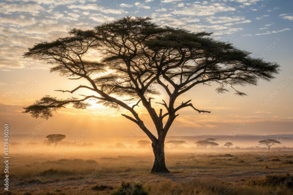 Majestic acacia tree stands tall against stunning sunrise, casting long shadows misty landscape Majestic acacia tree stands tall against stunning sunrise, casting long shadows misty landscape