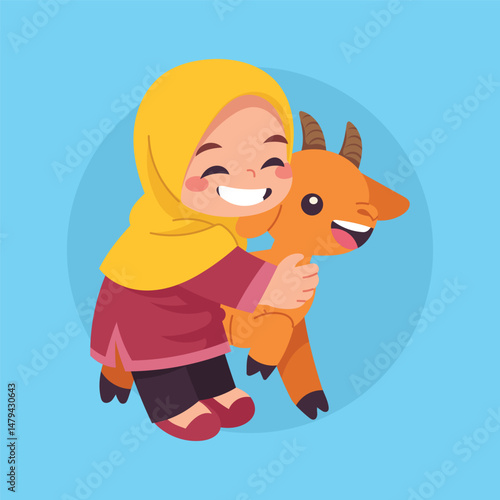Flat Vector Girl With Sheep Illustration