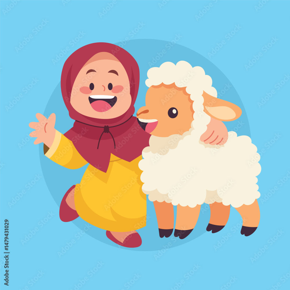 Flat Vector Girl With Sheep Illustration Flat Vector Girl With Sheep Illustration