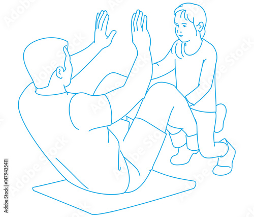  Father and daughter in gym, exercising together