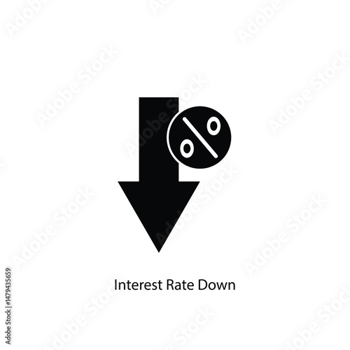Black arrow pointing down with percentage sign symbolizing a decrease in interest rates. Useful for finance, economy, banking, and investment visuals or infographics.