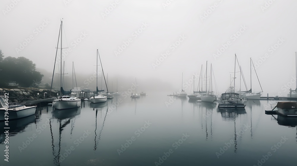 Fototapeta premium Foggy Marina with Sailboats at Dawn.