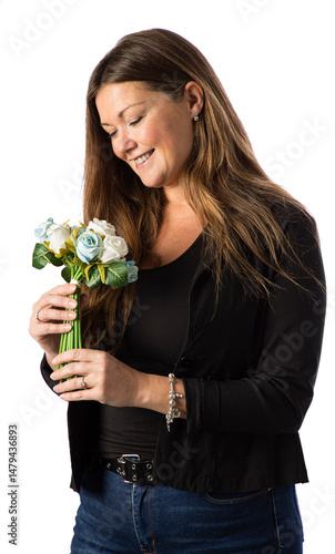 Admiring a bouquet of flowers