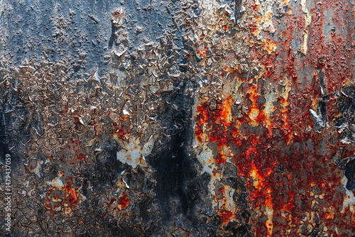 The metal surface is old, with peeling black paint with red rust. Background with metal texture.