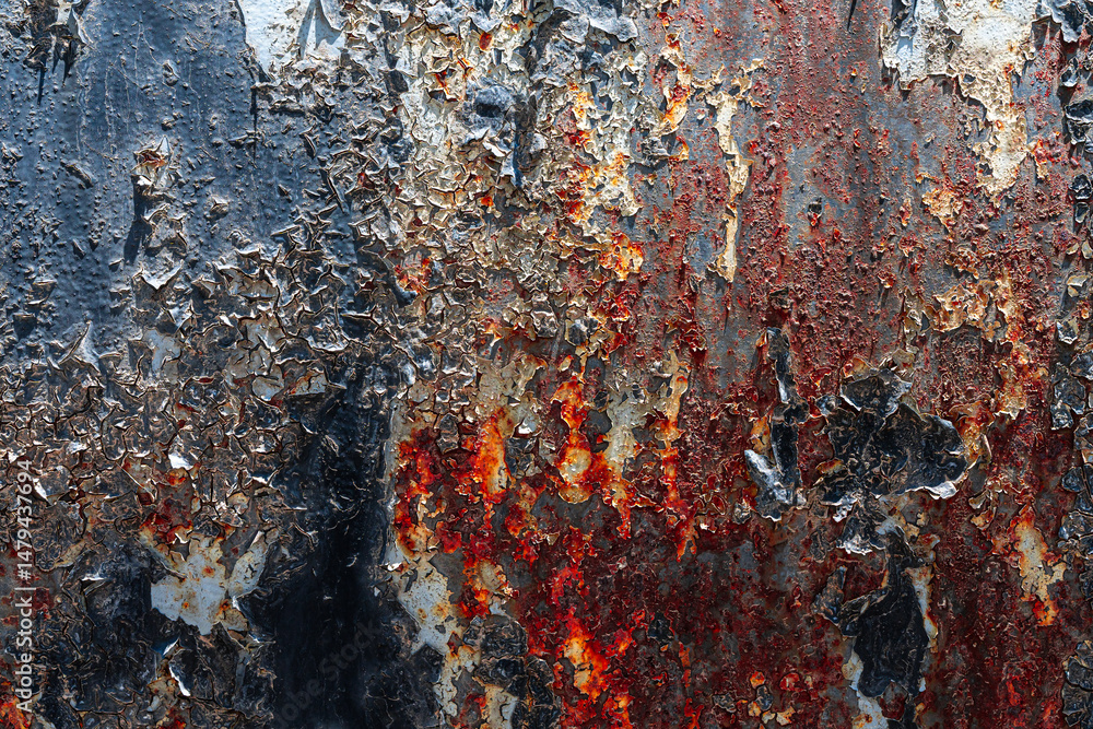 Fototapeta premium The metal surface is old, with peeling black paint with red rust. Background with metal texture.